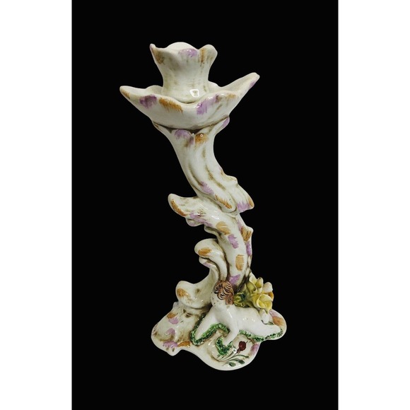 Capodimonte Style Porcelain Candlestick Portugal Angel Roses